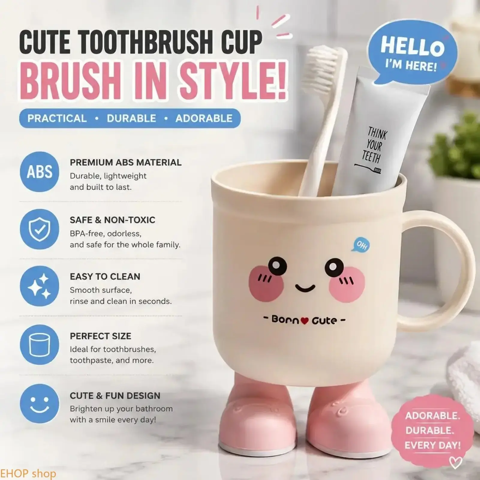 Sohochic Cute Cartoon Pattern Easy-Clean Small-Size Multifunctional Mouthwash Cup & Toothbrush Holder, Unisex Bathroom Accessory for Students, Household Use & Gifting