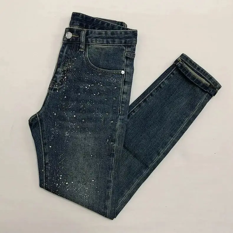 Menswear Clothing Luxury 2026 Spring Autumn New Hot Diamond Jeans Men's Brand Slim Straight Willow Nail Elastic Casual Pants