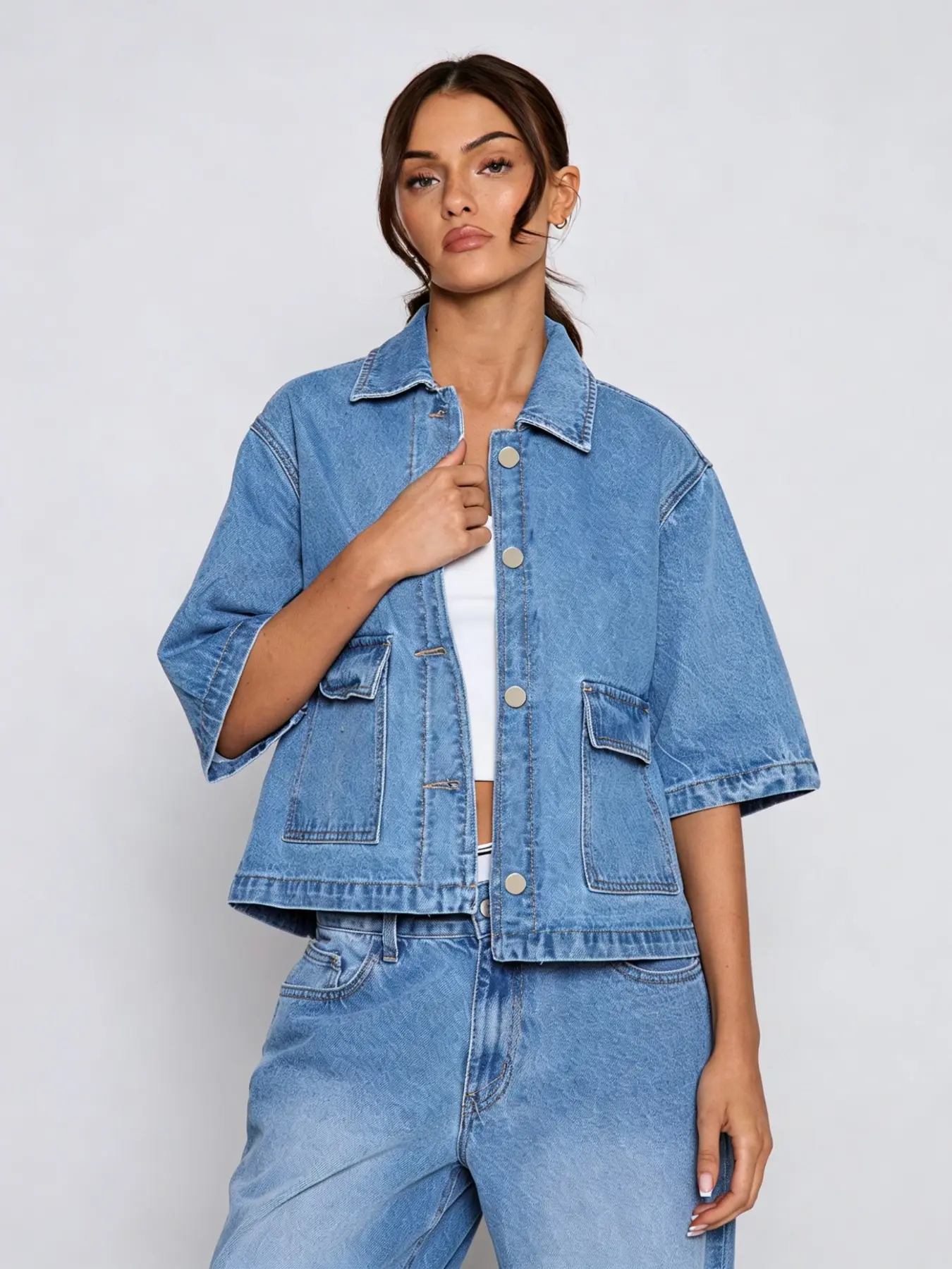 2026 New Summer Washed Short Sleeve Denim Jacket for Women, Lapel Collar, Dual Pockets, Single Button, Loose Fit, Baggy, Street Style
