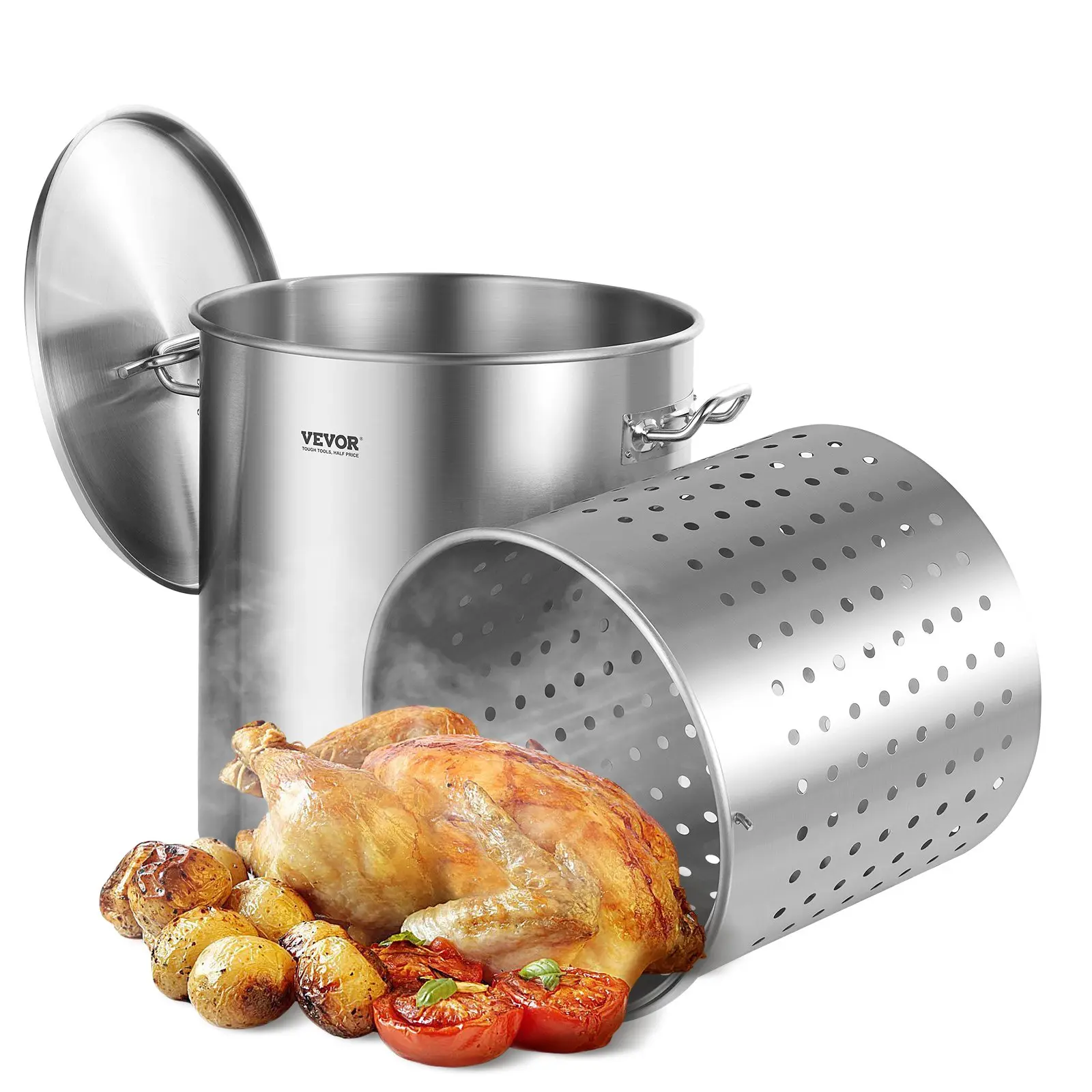Stainless Steel Stockpot, 54L Large Cooking Pots, Cookware Sauce Pot with Basket, Lid, and Handle, Heavy Duty Commercial Grade Stock Pot, Sanding Treatment, for Large Groups Events Silver