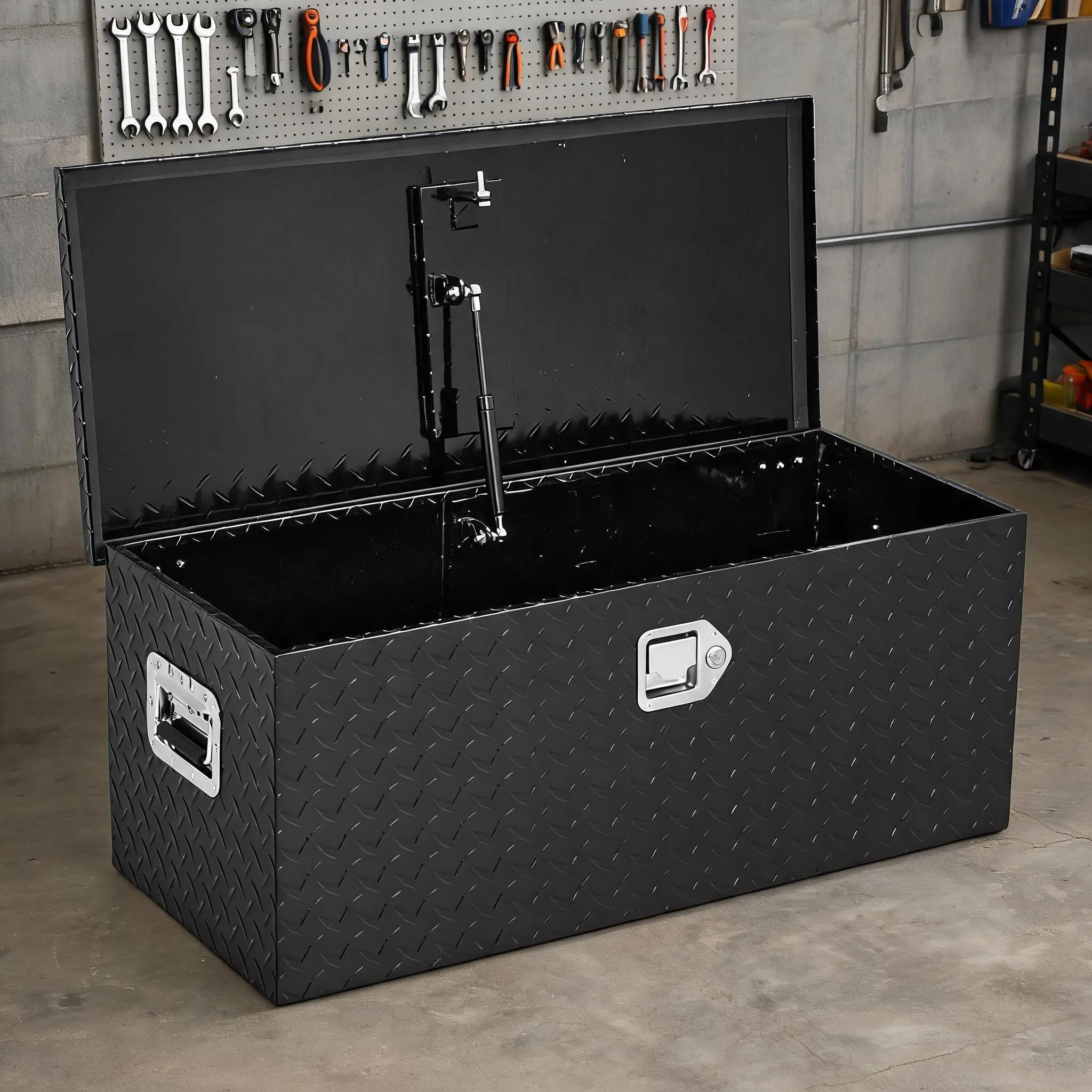36x15x15 Inches Aluminum Truck Tool Box with Diamond Plate, Black Powder Coat, Optional Sliding Steel Trays for Truck Users' Storage Needs