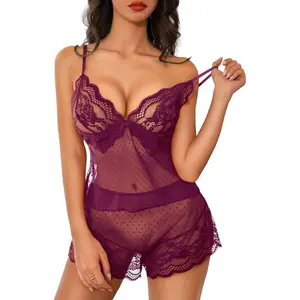 Womens Sexy Lingerie Pajama Sets Floral Lace Sheer See Through Cami Shorts Set Sleepwear