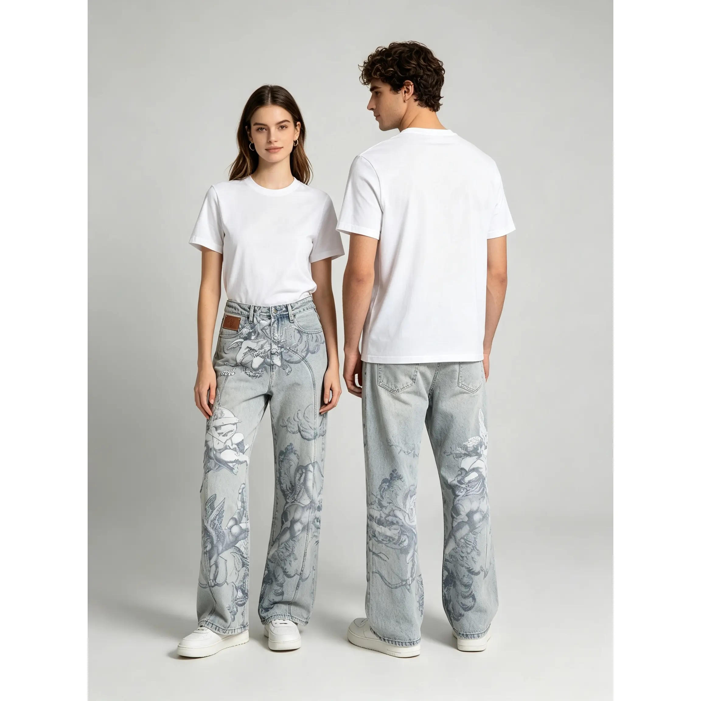 Unisex Y2K Vintage Angel Print Straight-Leg Floor-Length Jeans| High Street Washed Denim Pants for Men & Women