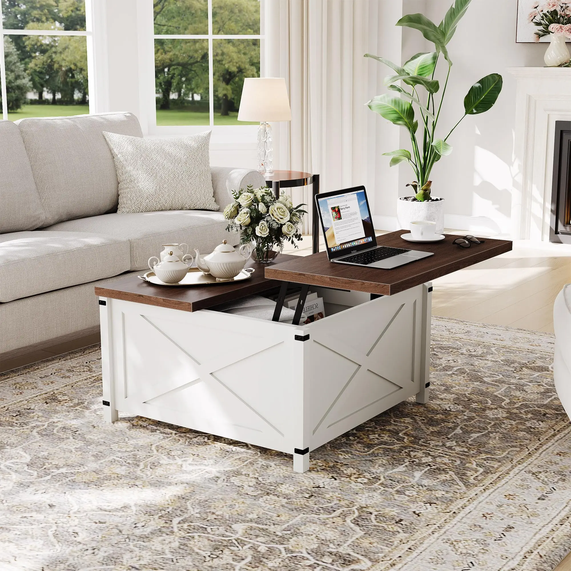 Hydraulic Lift Top Coffee Table with Hidden Storage, Height Adjustable Sofa Desk with Storage Shelf Modern Cocktail Table for Living Room Office, Brown+White