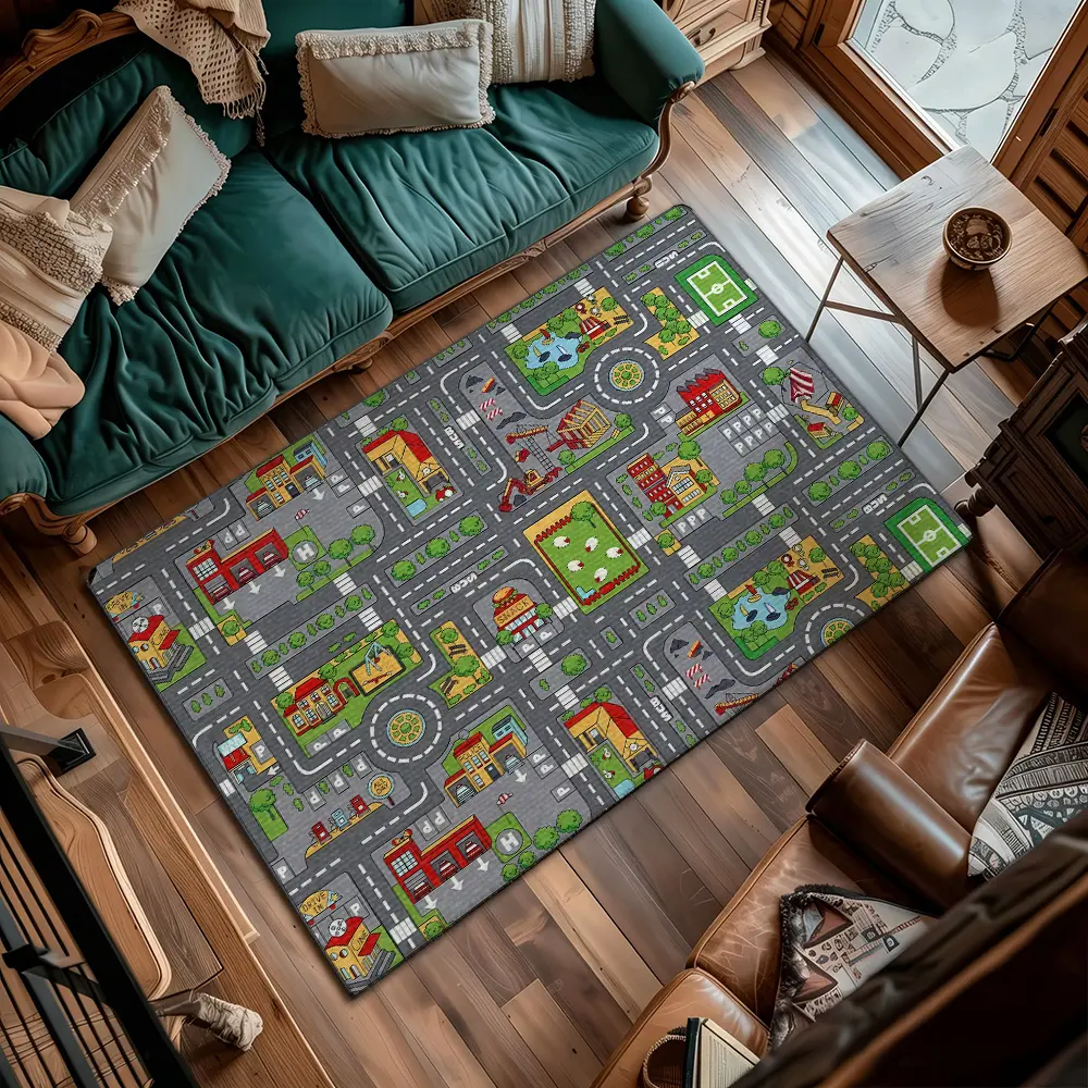 Dark Gray City Traffic Cartoon Kids Play Flannel Rug #DarkCityTrafficPlayRug #CartoonTownRoadGameMat #FlannelCarpet #ChildrenPlayroomDecor