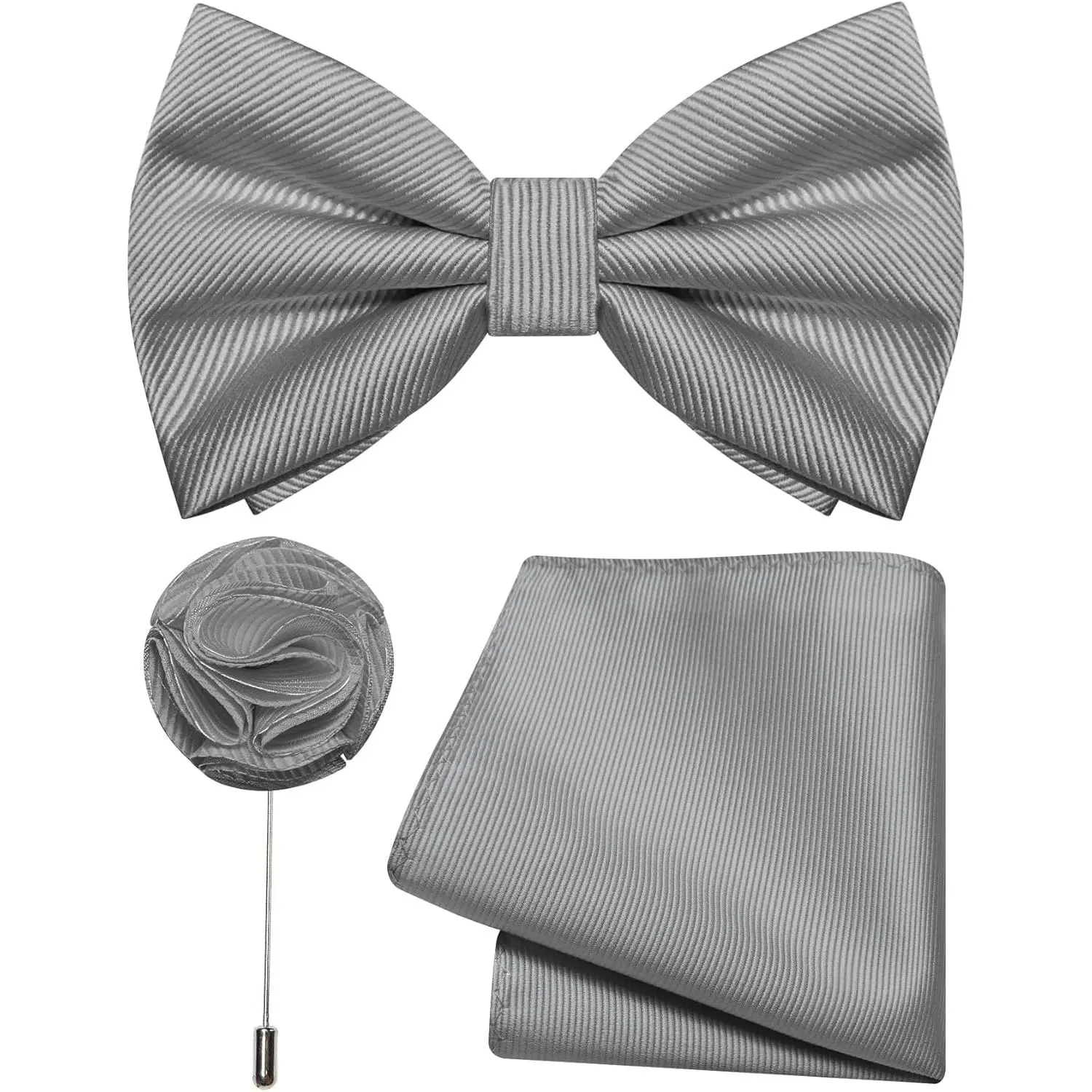 Men's Silk Woven Bow Tie Set, Pre-tied 3-Piece Accessory Pack with Pocket Square and Lapel Pin for Wedding Party, Unisex, Set Pack