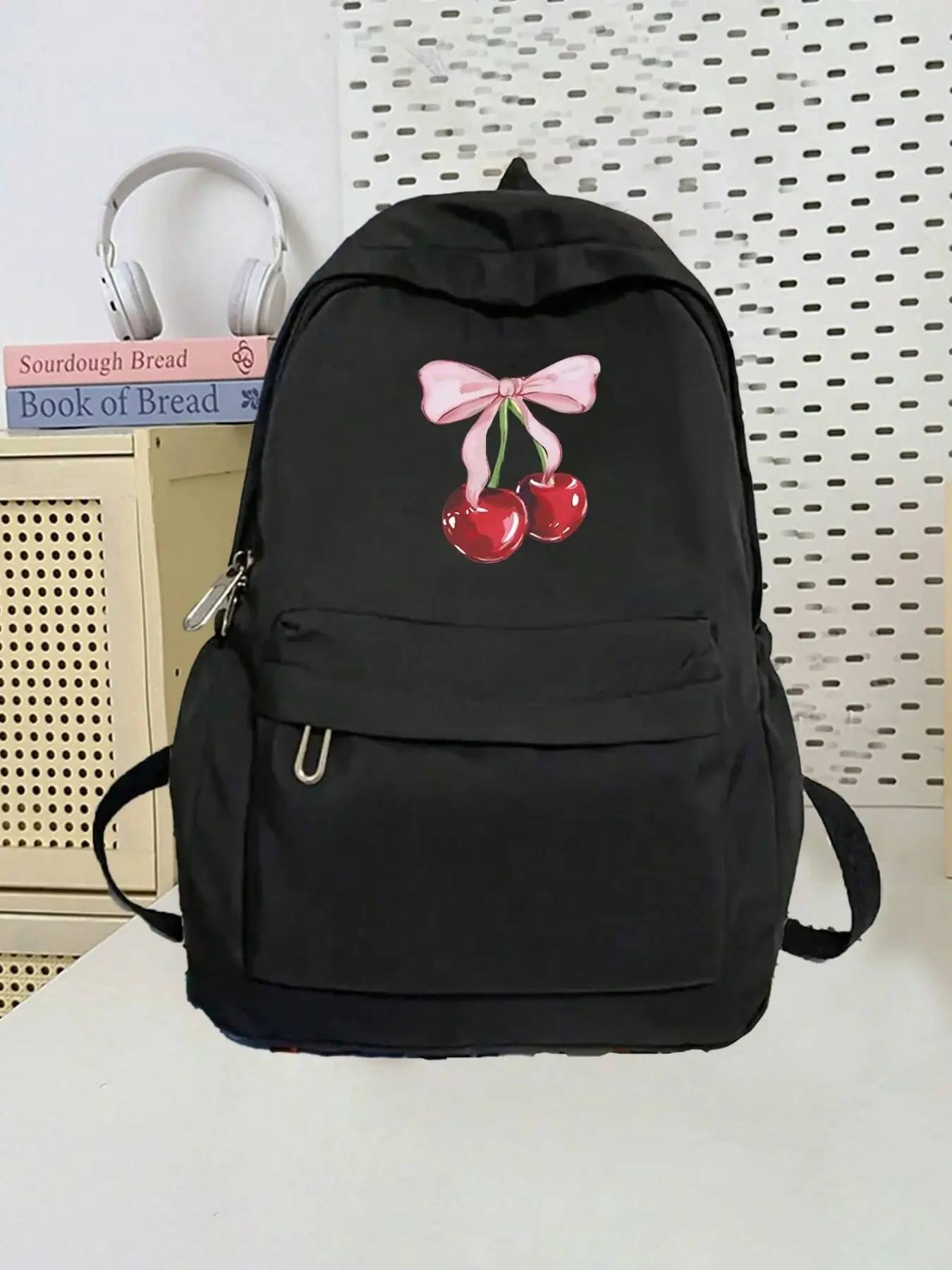 Cartoon Bow Cherry Print Kids Backpack, Large Capacity Laptop Bag, School Classic Casual Daily Use, Unisex Teenager Backpack, Anti-Theft