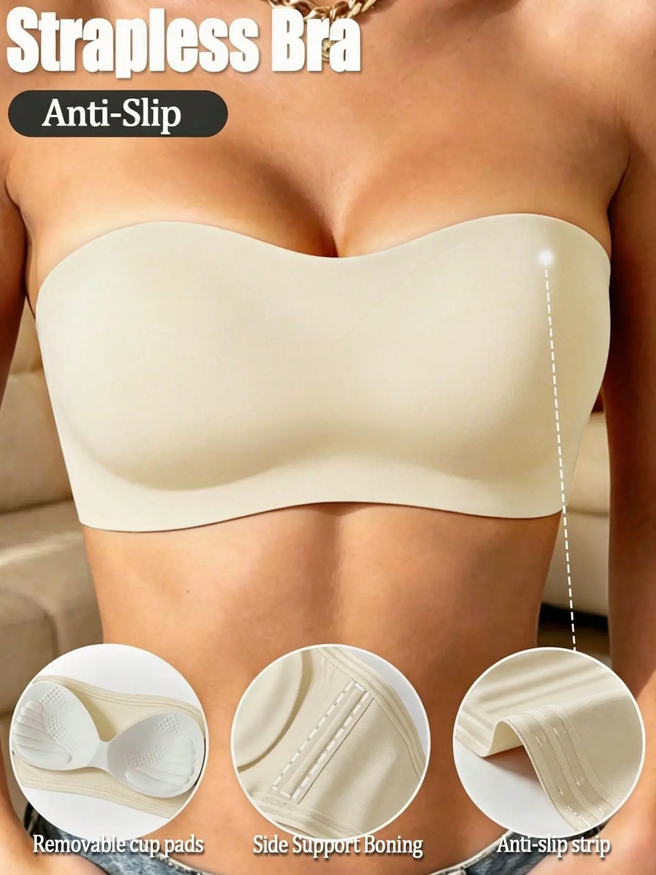 1Pc Women's Strapless Bandeau Non-Wired Bra Removable Pads  Non-Slip Silicone Padded Cups Adjustable  Casual Comfortable Wireless Tube Top Lingerie