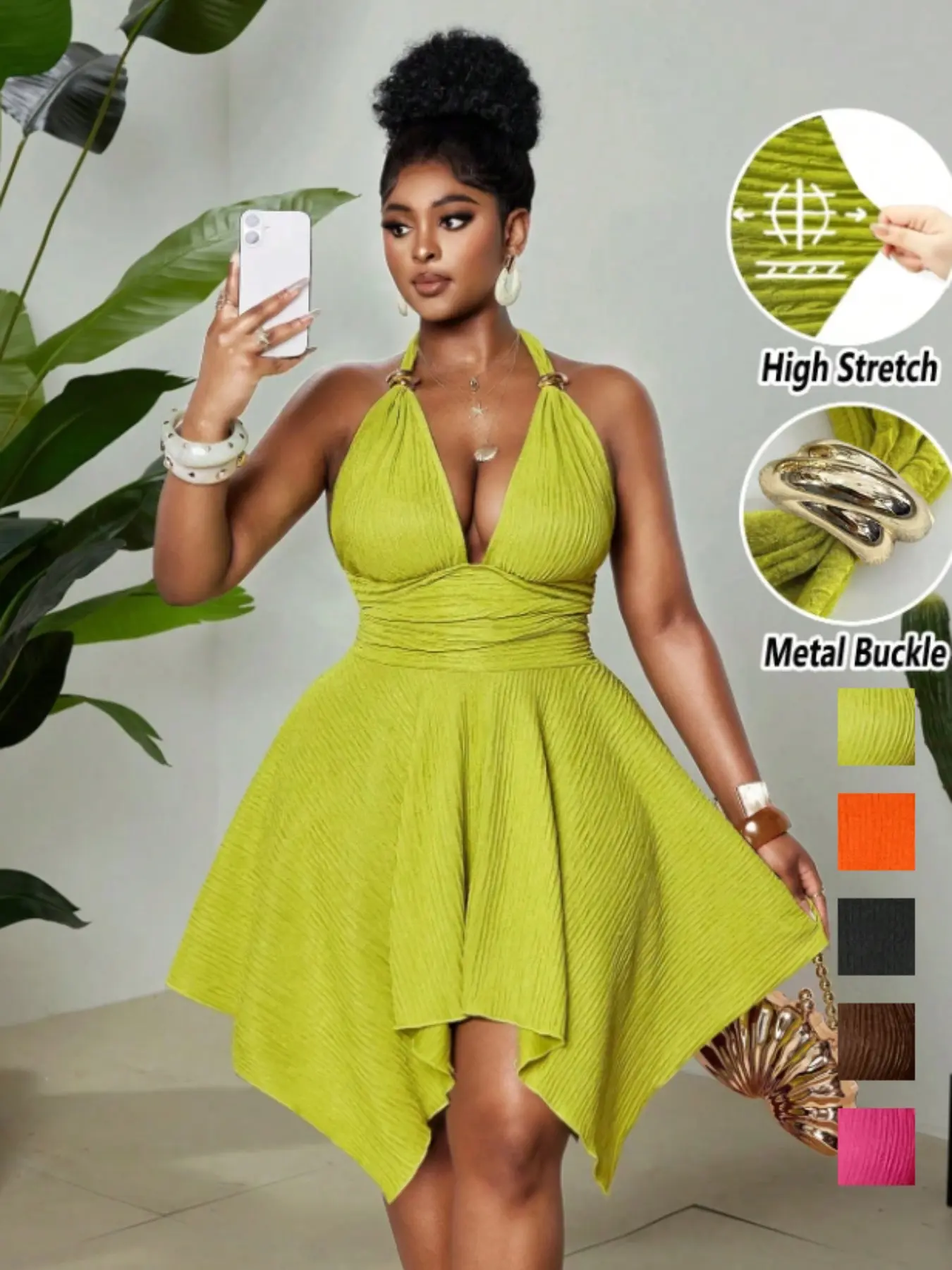 Women's Olive Green Summer Elegant Jacquard Knit High Stretch Halter Neck Dress for Evening Night Out & Club, Metal Decor Buckle Asymmetric Hem Backless Dress