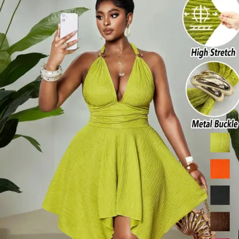 Women's Olive Green Summer Elegant Jacquard Knit Fabric High Stretch Halter Neck Dress for Formal Evening Night Out & Club, Metal Decor Buckle Asymmetric Hem Backless Dress
