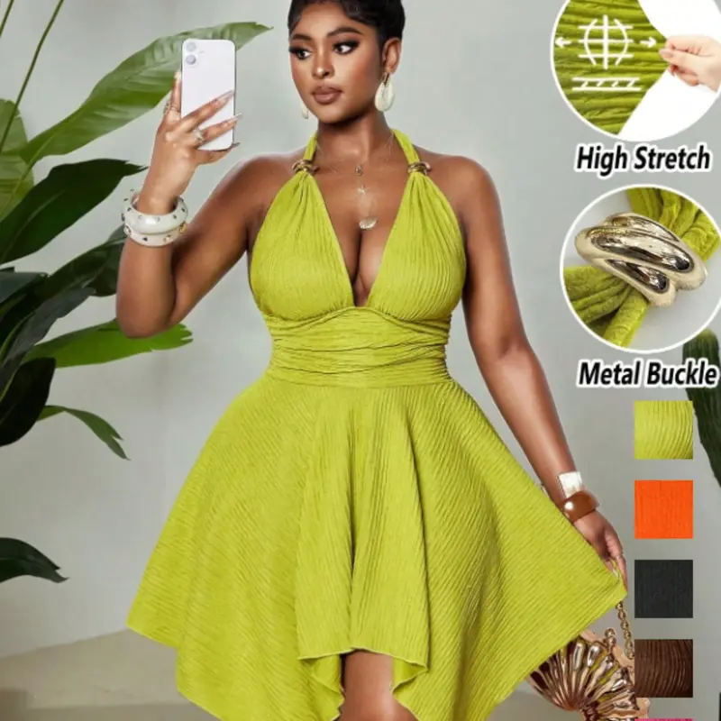 Women's Olive Green Summer Elegant Jacquard Knit Fabric High Stretch Halter Neck Dress for Formal Evening Night Out & Club, Metal Decor Buckle Asymmetric Hem Backless Dress
