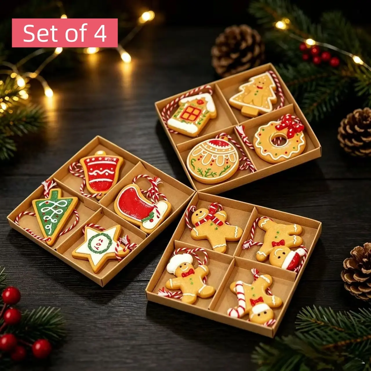 4 Pcs Gingerbread Christmas Ornaments - Tree Candy Doughnut Cookie Rustic Vintage Christmas Decorations Set of 4 - Clay Hanging Ornaments