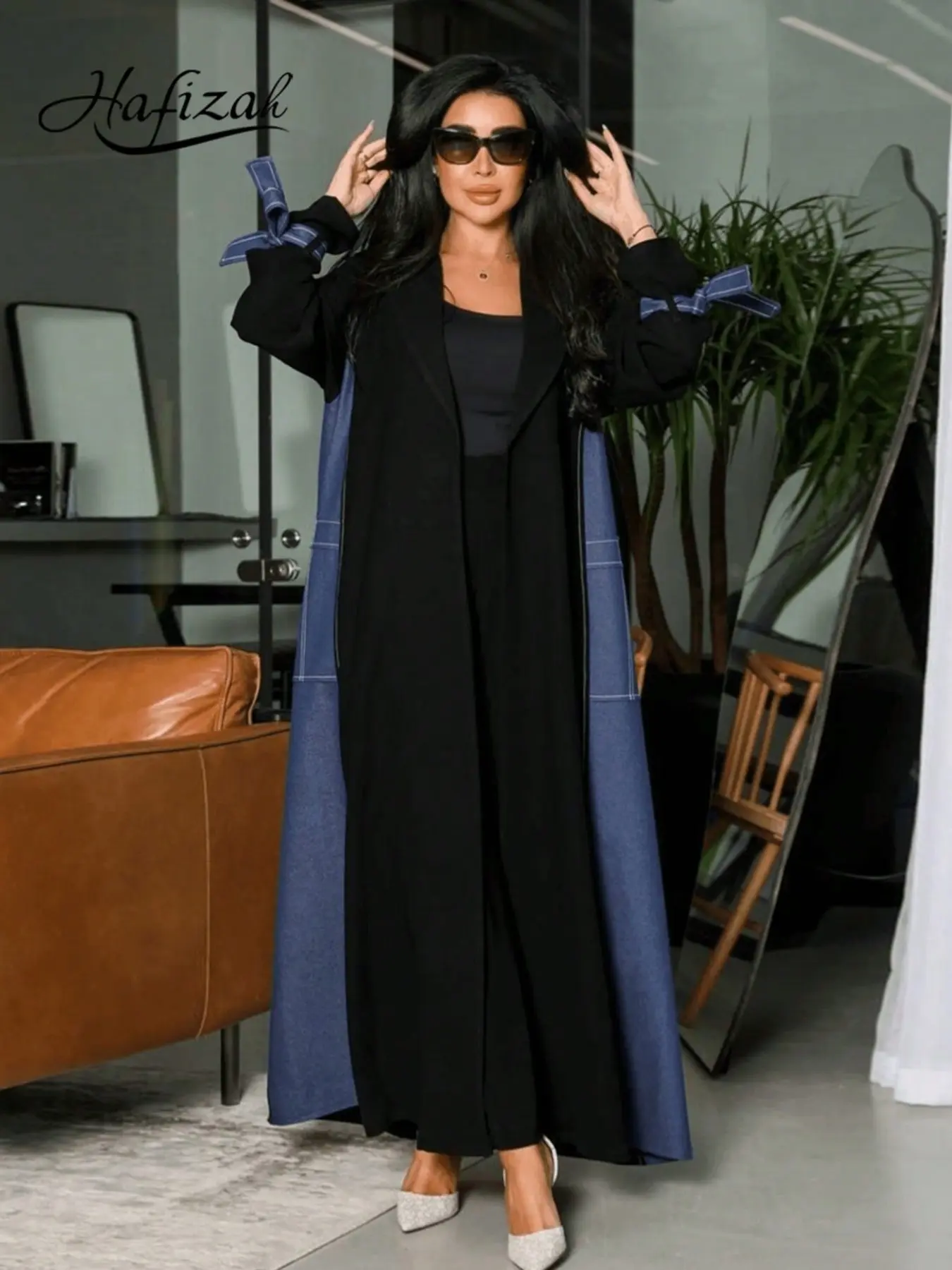 Hafizah Suit Collar Denim Colorblock Baggy Long Cardigan, Butterfly Knot Wide Sleeves, Drop Shoulder Design, Casual Outerwear for Women, Clothes