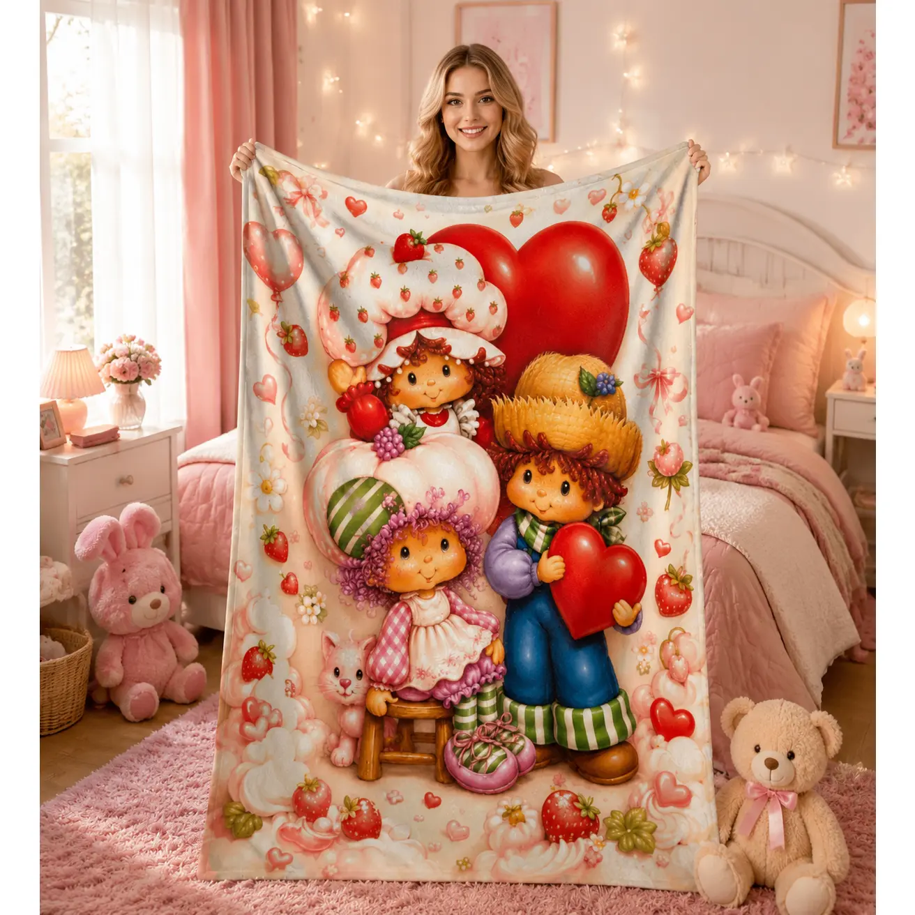 Strawberry Shortcake Cartoon Flannel Blanket For Baby & Adults, Cute Character Sweet Heart Print Soft Cozy Warm Lightweight Throw For Bedroom Living Room Sofa, Romantic Decor Gift For Valentine’s Day Birthday Christmas Housewarming TikTok Popular Amazon M