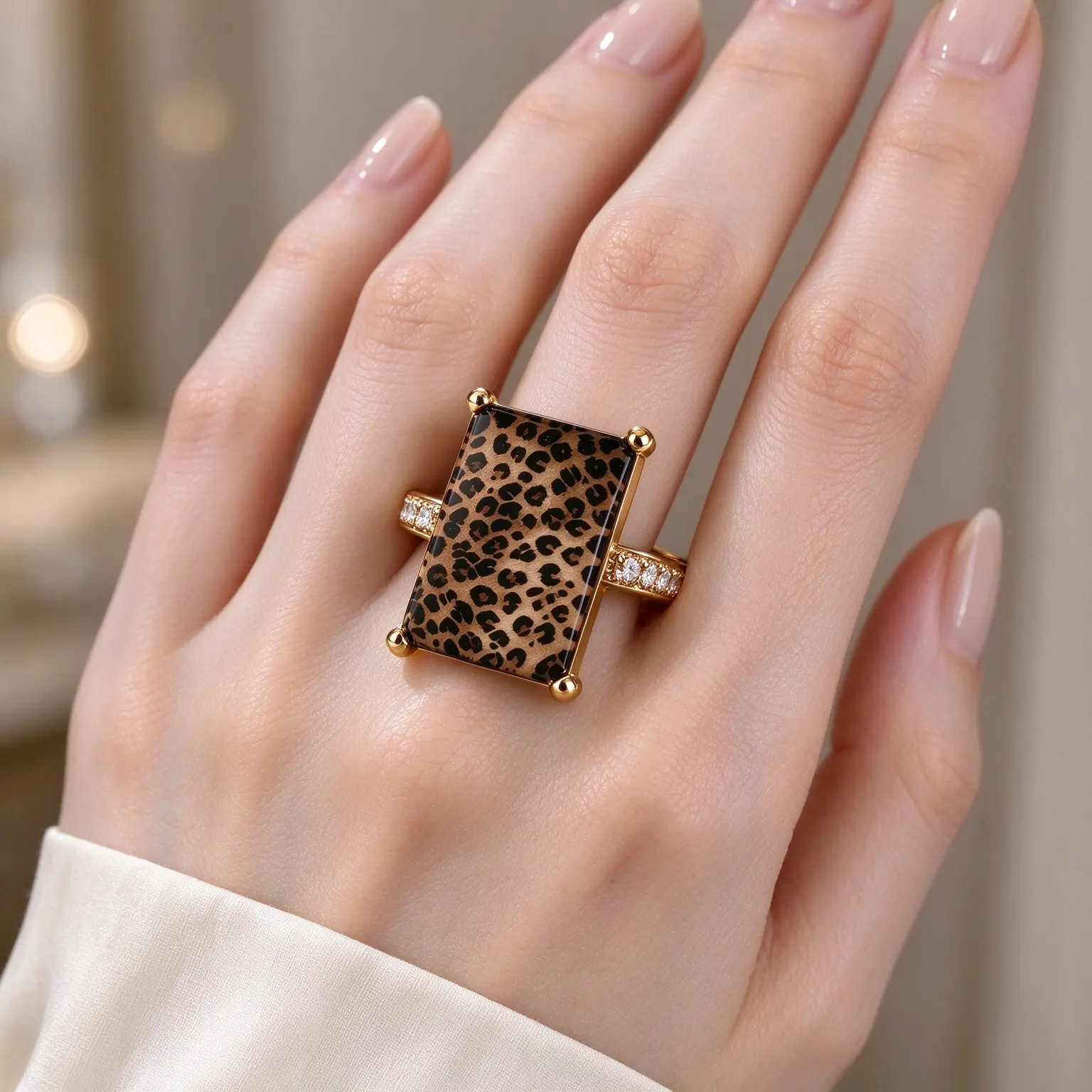 Leopard Print Square Statement Ring, Trendy Animal Pattern Jewelry, Side Embellished Bold Geometric Ring, Personalized Chunky Accessory For Night Out, Street Style And Daily Fashion Looks