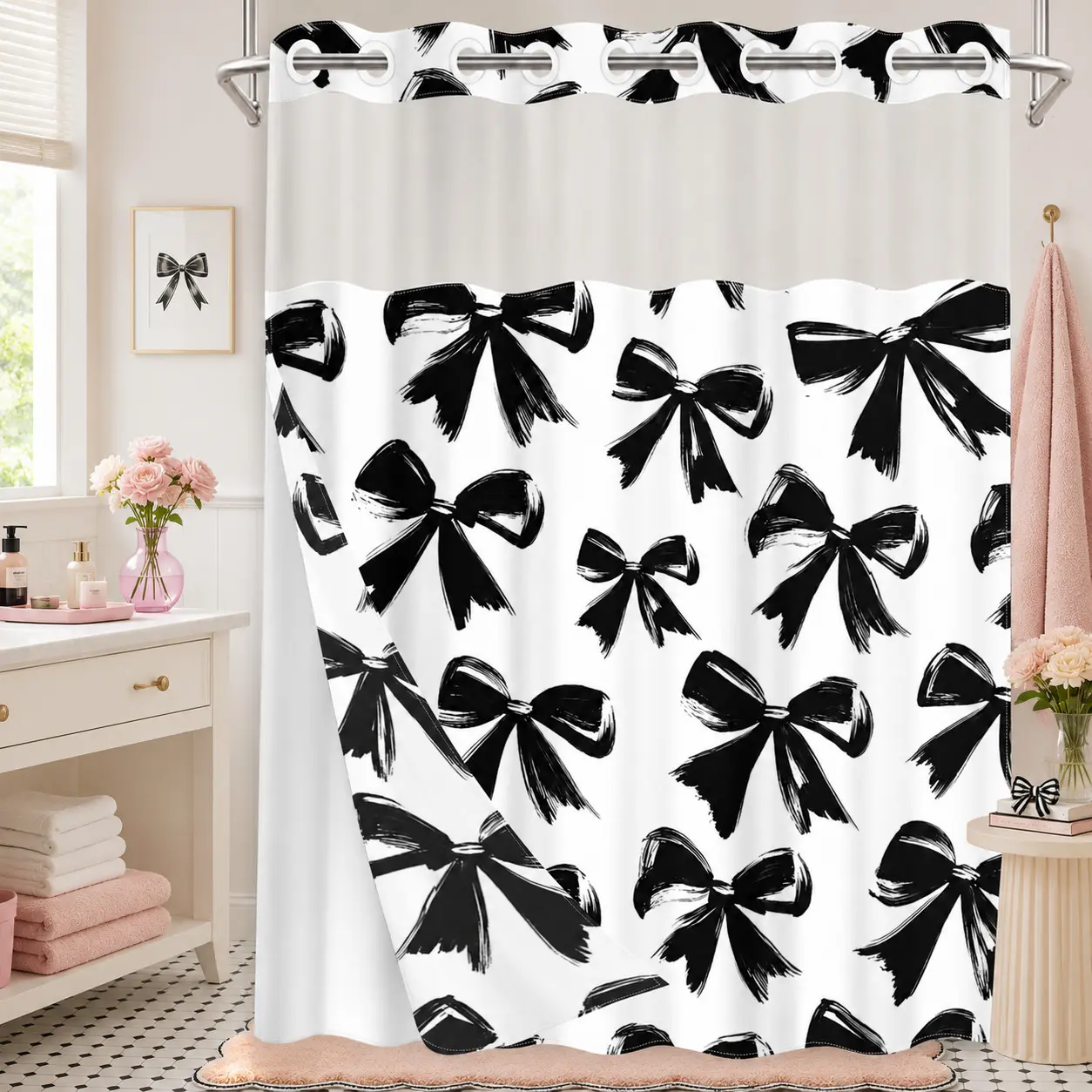1PC 2D Flat Black Bow Pattern Double-Layer Woven Shower Curtain, No Hooks, Transparent Top Window, Removable Snap-On Liner, Modern Coquette Bathroom Art Decor, Bathroom & Holiday Decoration