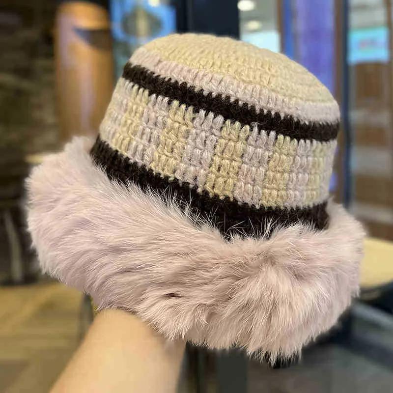 Winter Rabbit Fur Plush Handmade Knitted Hat for Women Men Outdoor Ear Protection Soft Warm Beanie Y2k Streetwear Knitted Hats
