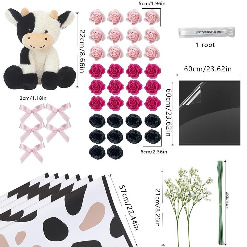 34 DIY Rose Artificial Flowers Cow Plush Doll Bouquet, Artificial Roses Bouquet, Unique Handmade Gift for Special Occasions, Beautiful Decorative Floral Arrangement
