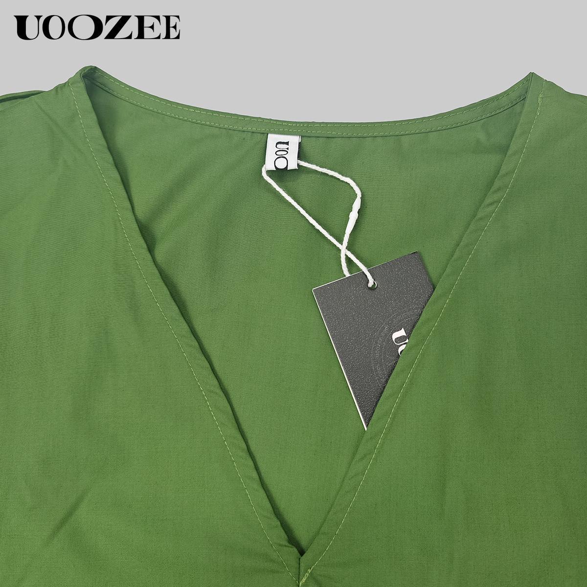 UOOZEE Women's Bright Chic Loose Short Sleeve Pleated Pocket Solid Color Slit V-Neck Maxi Dress Summer Casual Basic Cotton Blend Machine Washable Holiday Dress Womenswear Minimalist (Size is one size larger, it is recommended to order one size smaller)