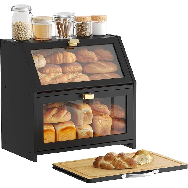 Extra Large Double Layer Bamboo Bread Box with Cutting Board, Black Countertop Corner Bread Storage Bin, Airtight Food Container, Farmhouse Kitchen Storage Holder for Loaves & Homemade Bread