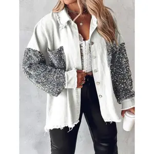 [Plus Size] Contrast Sequin Raw Hem Button Front Shirt Jacket, Casual Long Sleeve Collared Pocket Outerwear for Fall & Winter, Women's Clothes for Daily Wear, Winter Fashion Clothing