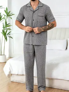 Men's Summer British Style Two-Piece Set, Breathable Short Sleeve Collared Long Pants, Comfortable Home Wear Sleepwear