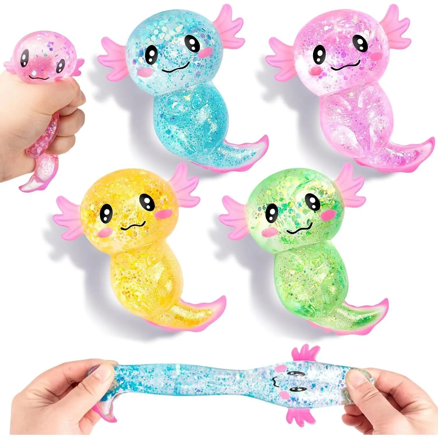 Adorable Glitter Stress Relief Axolotl Fidget Toy - Cute Malt Sugar Filled Sensory Squishy Toy for Kids and Adults - Calming Soothing Birthday Party Favors Gift Set, 4 Assorted Colors