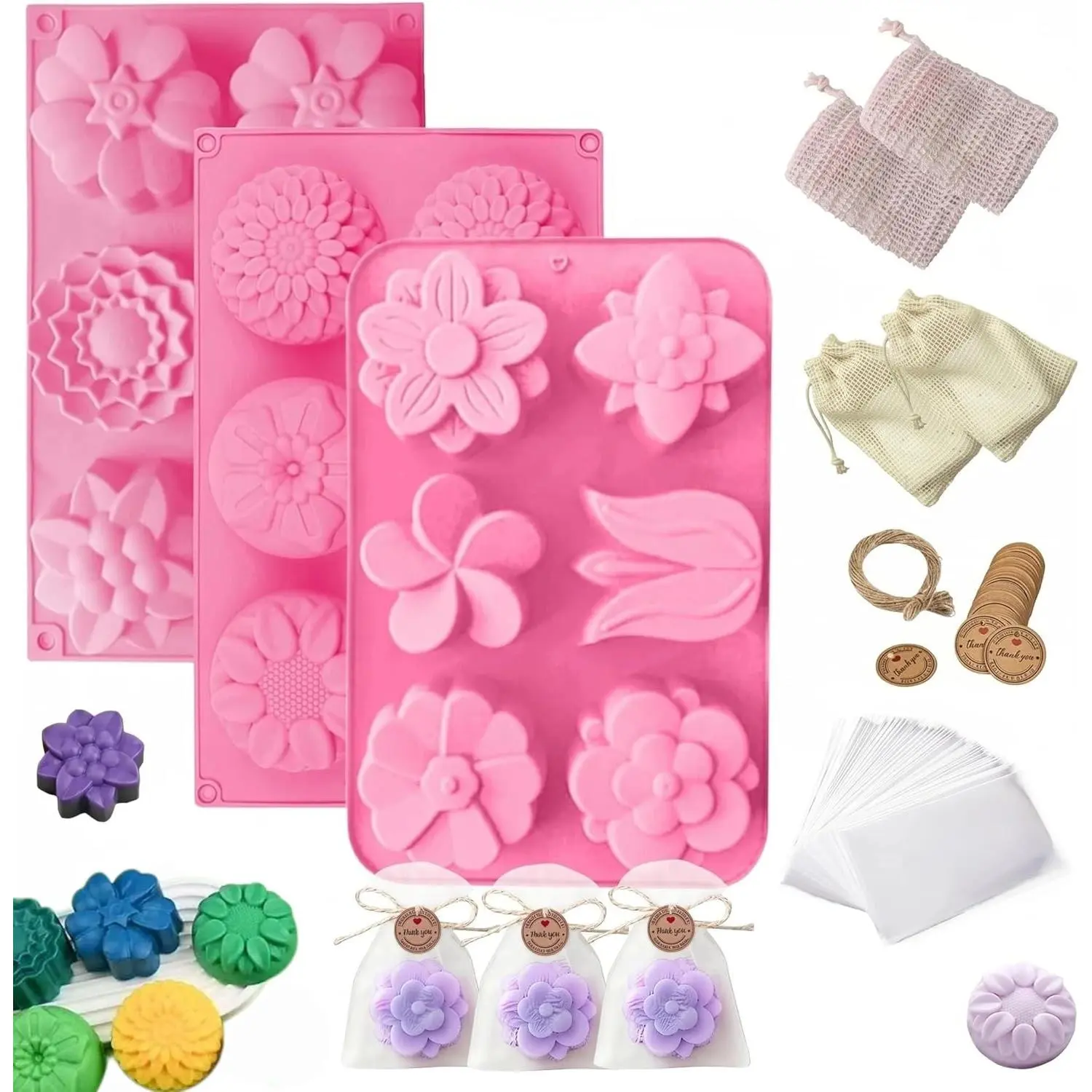 Sharmila 104-Piece Soap Making Kit with 3 Silicone Molds & 4 Foaming Bags| DIY gift set: 48 gift bags, 48 tags, 65ft jute twine.BPA-free food-grade molds.For soap, candle & chocolate making