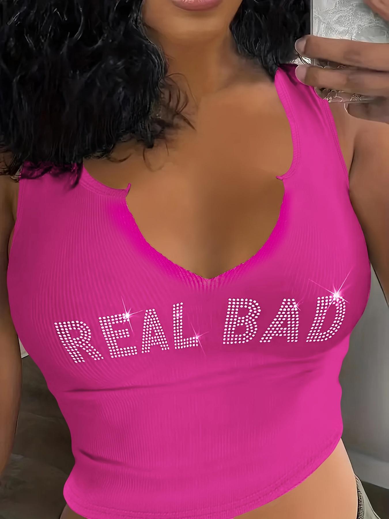 Women's Rhinestone Real Bad Letter Decor Notched Neck Crop Fitted Tank Top, Girly Clothes, Slim, Summer Clothes Women, Casual 2000s Y2k Skinny Streetwear Sleeveless Top, Summer Tops 2025, Downtown Girl Clothes