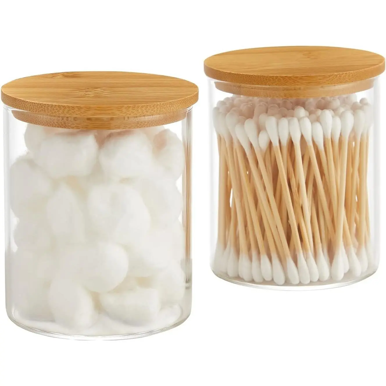 2 Pack Glass Apothecary Jars with Bamboo Lid - Qtip Holder Dispenser for Cotton Balls, Pads, Swabs - Bathroom Vanity Canisters for Countertop Storage and OrganizationGift