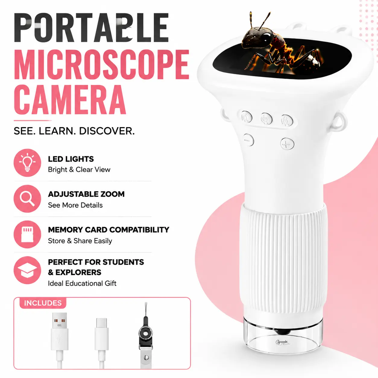 Pocket-Size Digital Microscope Camera with Built-In Portable Screen, Bright LED Lights, Memory Card Slot, PC USB Cable, Easy Focus, Adjustable Zoom Range, Educational Tool for Classroom Science Experiments, Holiday Gifts