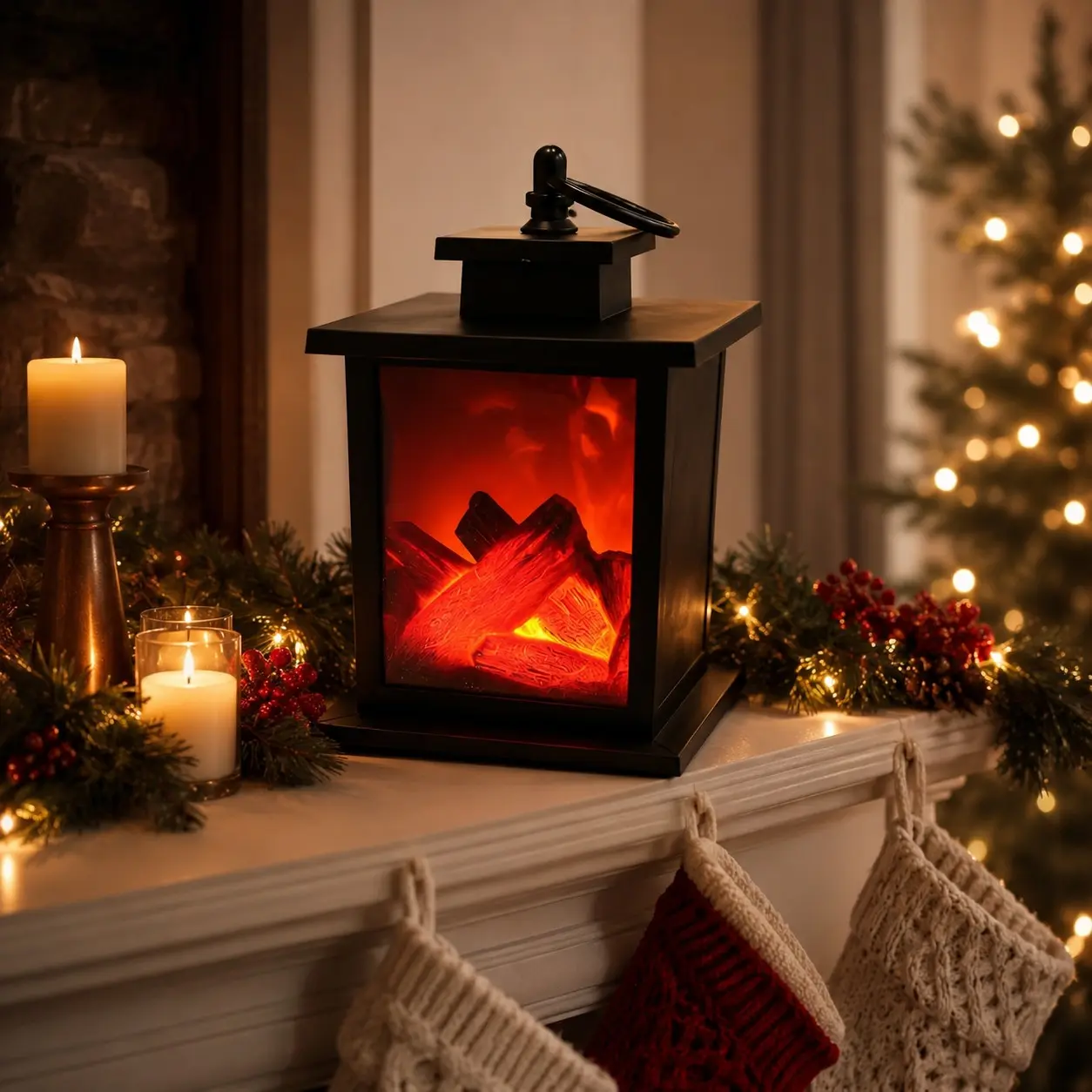 1PC Battery Operated LED Fireplace Lantern, Portable Flameless Flame Effect Stove Lamp, Christmas Tabletop Decor for Bedroom, Living Room, Window, Mantel and Holiday Display, Requires 3 AA Batteries