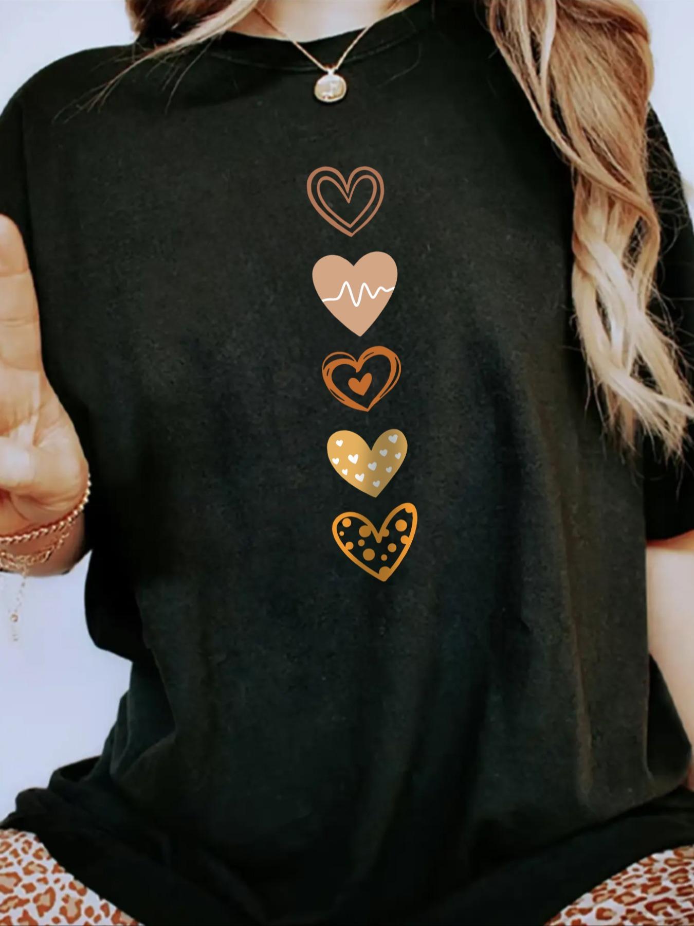 Women's Heart Print Round Neck Graphic Tee, Vintage Trendy Casual Drop Shoulder Short Sleeve T-shirt for Daily Wear, Ladies All Seasons Outfit, Womenswear Top