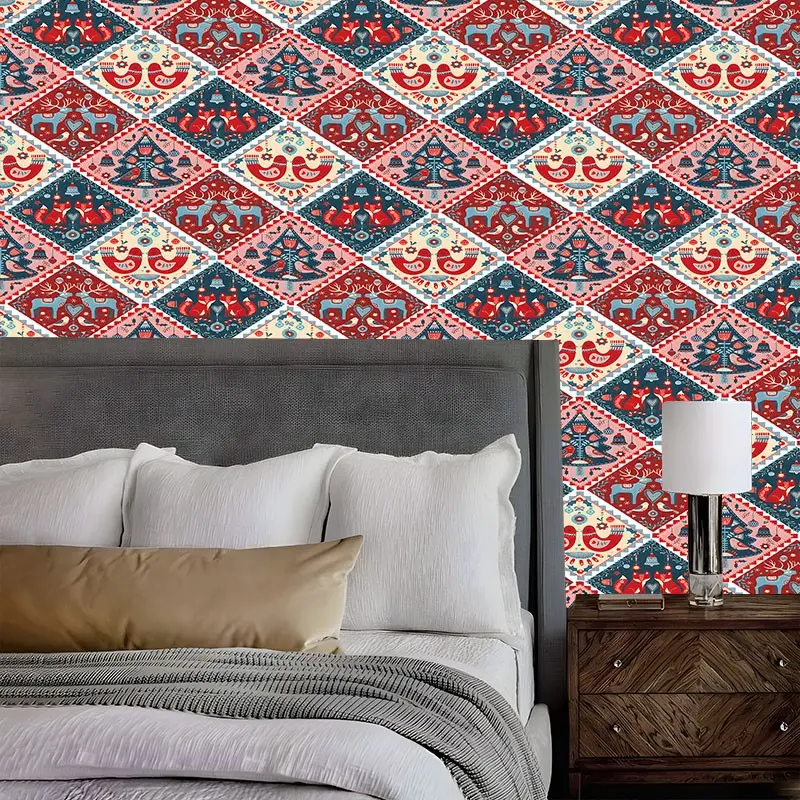 Retro Boho Folk Pattern Peel And Stick Wallpaper,Reusable Peel Stick Wall Covering,Traditional Floral Animal Geometric Print,Great Accent Wall Decor for Apartment, Cottage, Study & Holiday Room Refresh