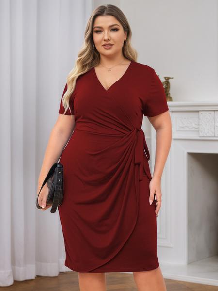 Plus Size Slim Fit Mid-Length Dress, Casual V Neck Short Sleeve High Waist Summer Dress with Belt, Soft Comfortable Women's Clothing