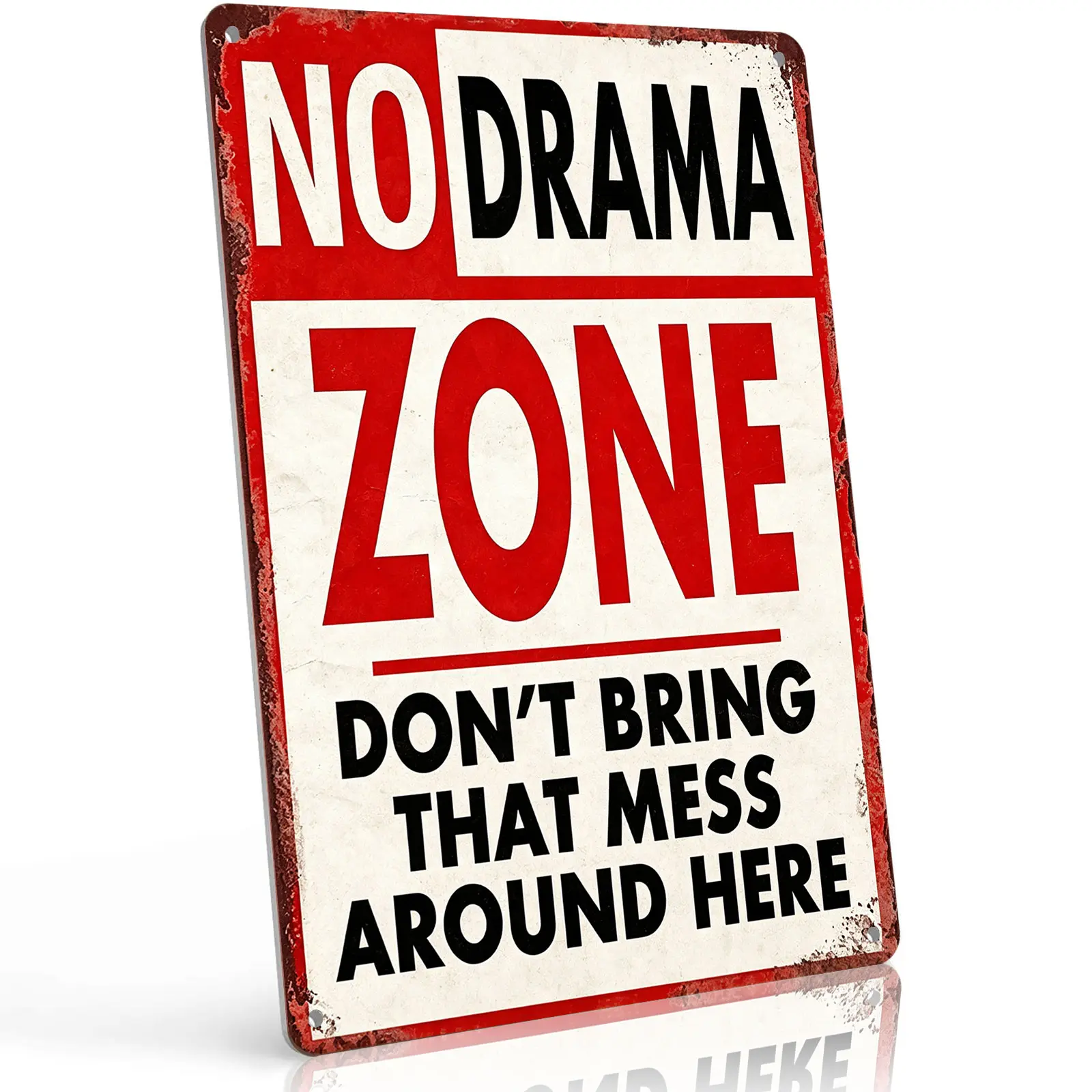 8x12 in Rectangle Red White Sarcastic "No Drama Zone" Vintage Aluminum Metal Sign - Home Supplies, Bold Statement Wall Mount, Waterproof Pre-Drilled Daily Indoor Outdoor Wall Hanging Plaque Gift for Home Office