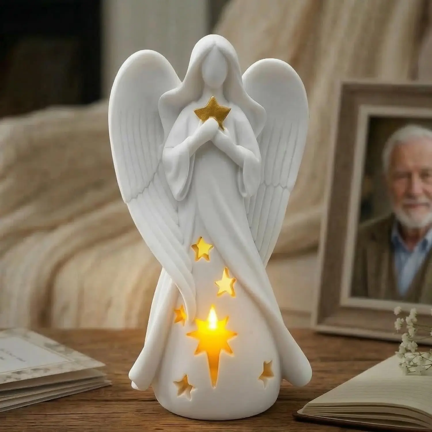 Sympathy Gifts -  Angel Tealight Candle Holder with Flickering LED Candle, Memorial Present for Loss of Loved , Bereavement & Remembrance  Decor