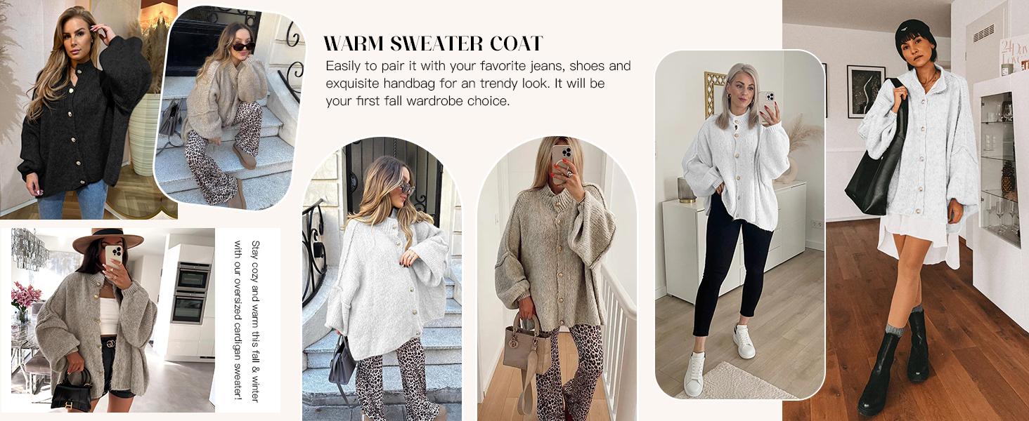 Saodimallsu Womens Oversized Cardigans Long Lantern Sleeve Button Down Chunky Knit Loose Fall Sweater Coats