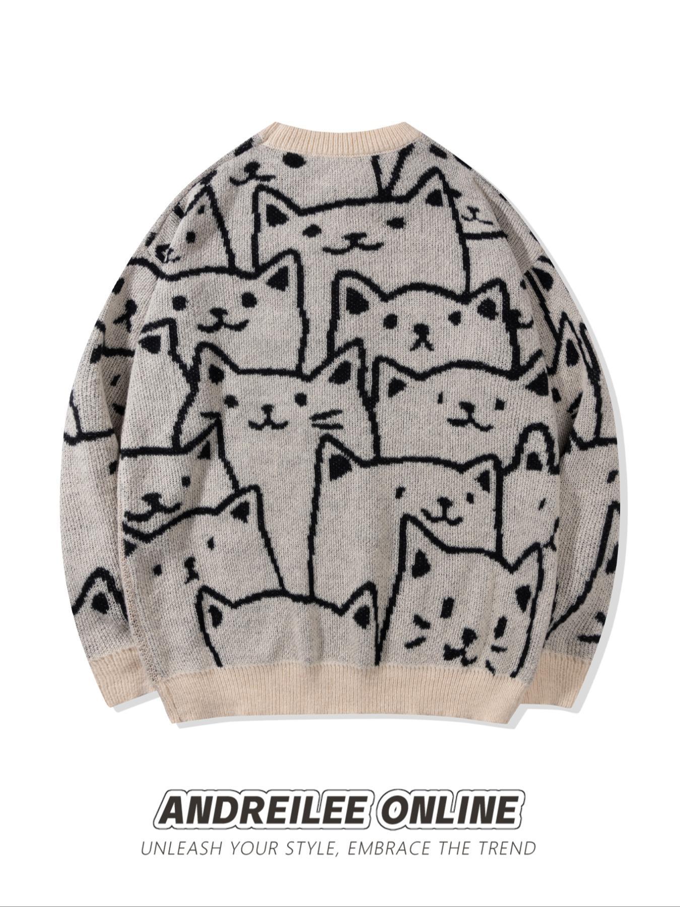 Unisex Men's All Over Cat Print Drop Shoulder Sweater, Cute Casual Long Sleeve Round Neck Jumper for Spring & Fall, Fashion Men's Knitwear for Daily Wear, Casual Comfy Pullover, Menswear