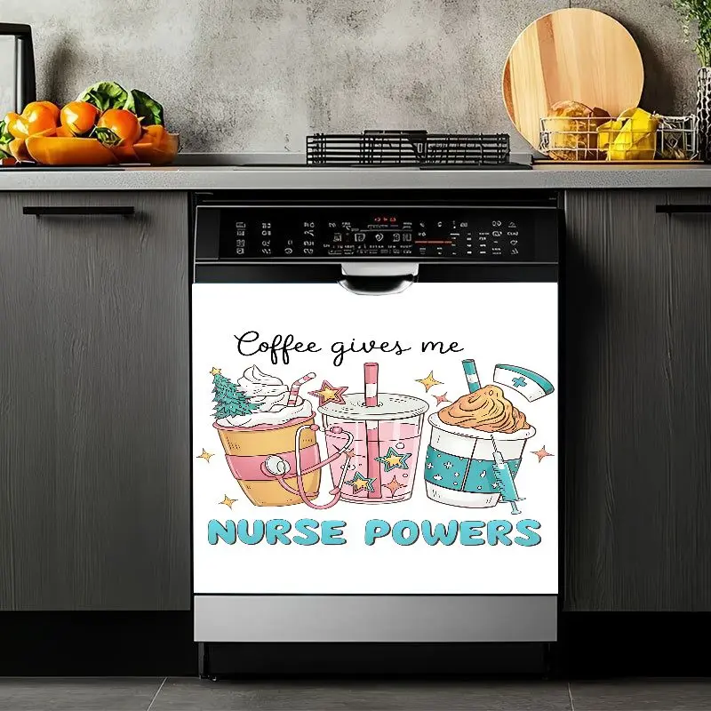 2D Flat 2Pcs Coffee Nurse Powers Dishwasher Cover Decals Colorful Cartoon Cup Pattern Kitchen Appliance Stickers Removable Waterproof Self-Adhesive Decoration for Refrigerator Washing Machine Cabinets Home Decor Gift