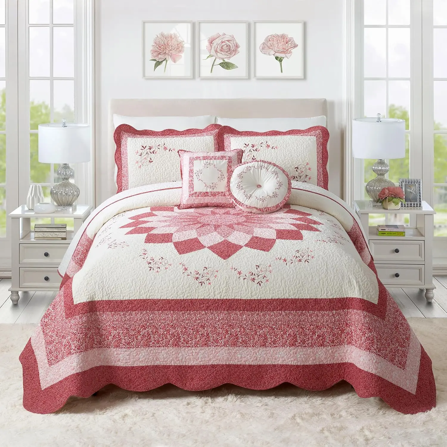 Embroidered Quilted Bedspread - Lightweight Breathable All Seasons Floral Bedding, Full Size, Red