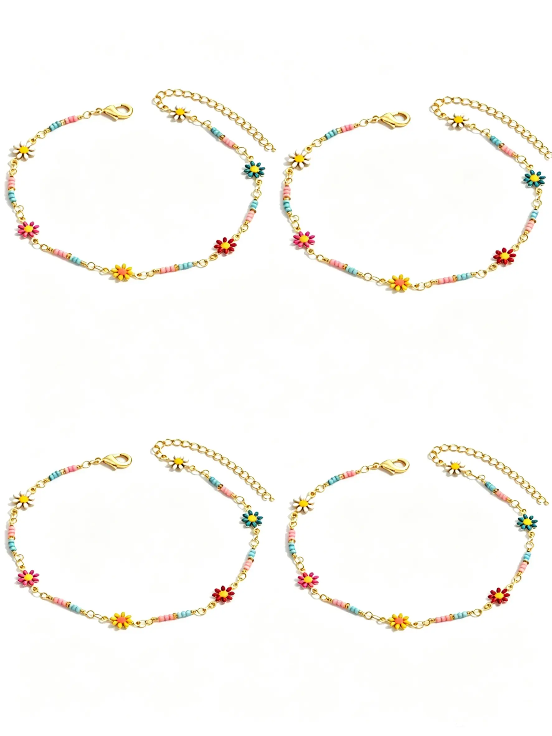 4-Piece Vintage Boho Sunflower Style Anklet Set, Colorful Metal Handmade Design, Women's Beach Vacation Casual Jewelry, Fashionable Jewelry Accessories, All-Season Gift, Trendy Fashionable Accessories