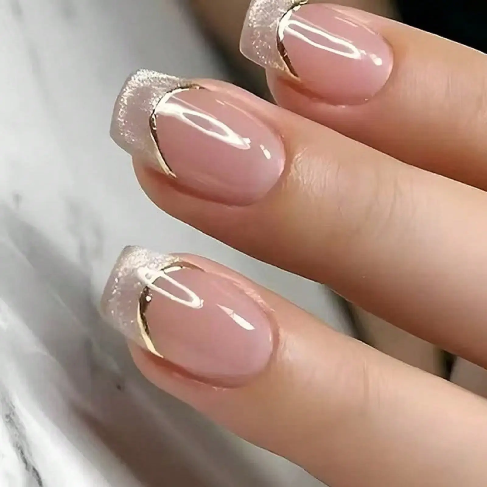 24pcs Square Short Sweet Aurora Wearable Nails, Gold Edge French Pure Desire Girl False Nails, Includes Nail File and Jelly Glue, Perfect for Daily Parties