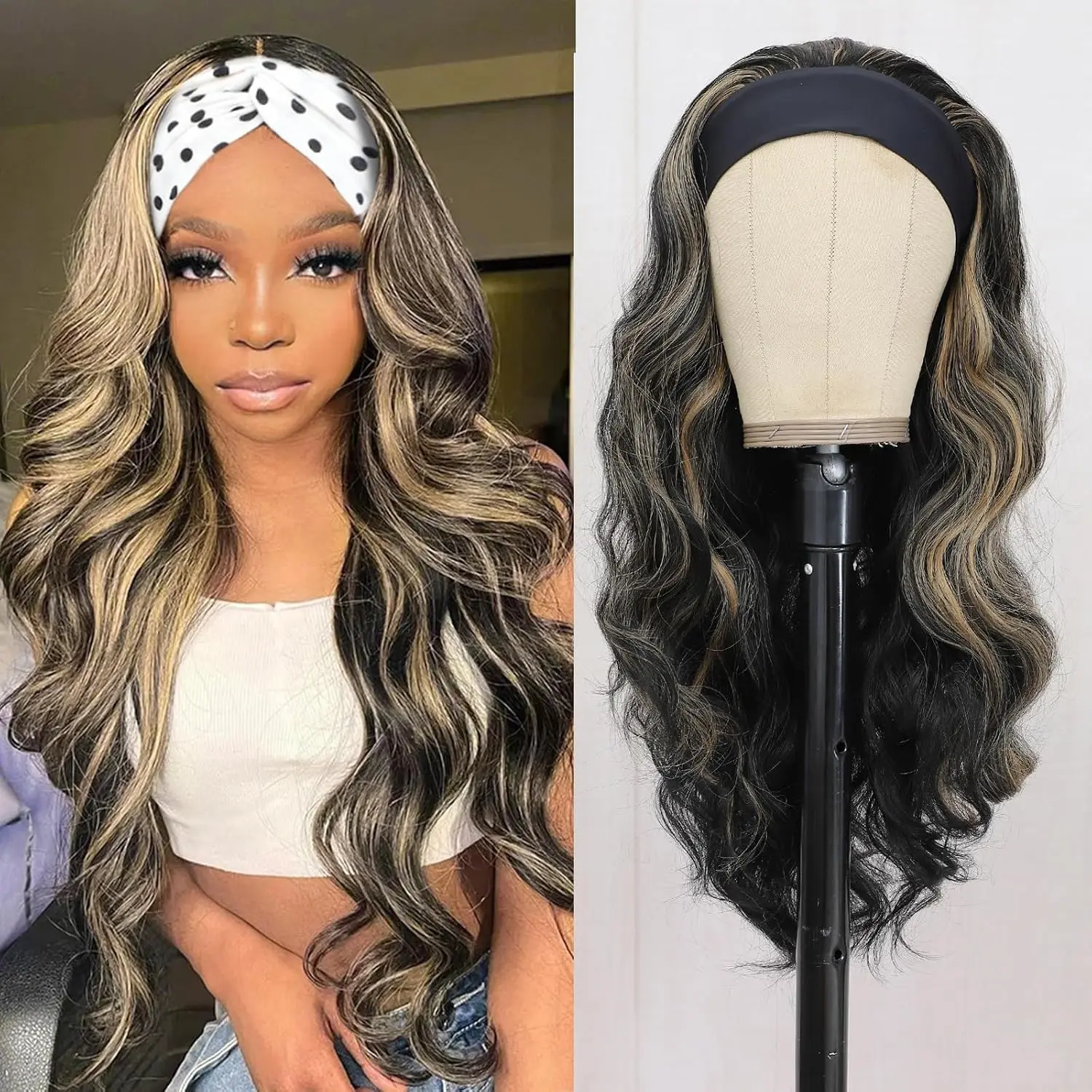 Headband Wig Black Wigs with Blonde Highlight Headband Wigs for Black Women Put  and Go Glueless Wig  Wave Synthetic Curly Wig with Headband,24inch