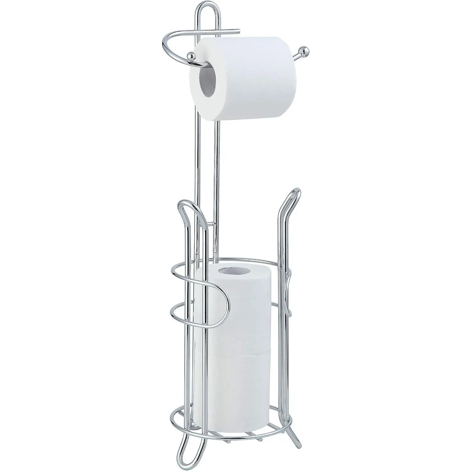 Freestanding Toilet Paper Holder with Storage – Holds 3 Spare Rolls, Heavy-Duty Steel, Chrome Finish, Easy Assembly, Space-Saving Bathroom Organizer
