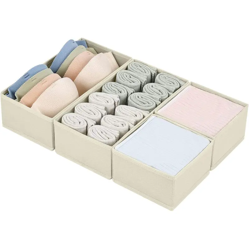 4-Pack Beige Fabric Drawer Organizer Bins, Foldable Dresser & Closet Dividers, Space-Saving Storage for Baby Clothes, Underwear, Socks, Neutral Nursery & Bedroom Clutter-Free Essentials