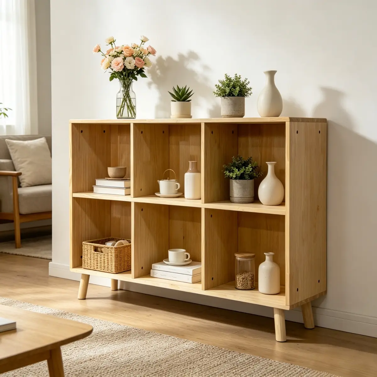 6-Cube Minimalist Natural Solid Wood Storage Shelf - Freestanding Open Bookcase with Legs, Household Cubby Organizer for Living Room, Bedroom, Photo Display, Shelves