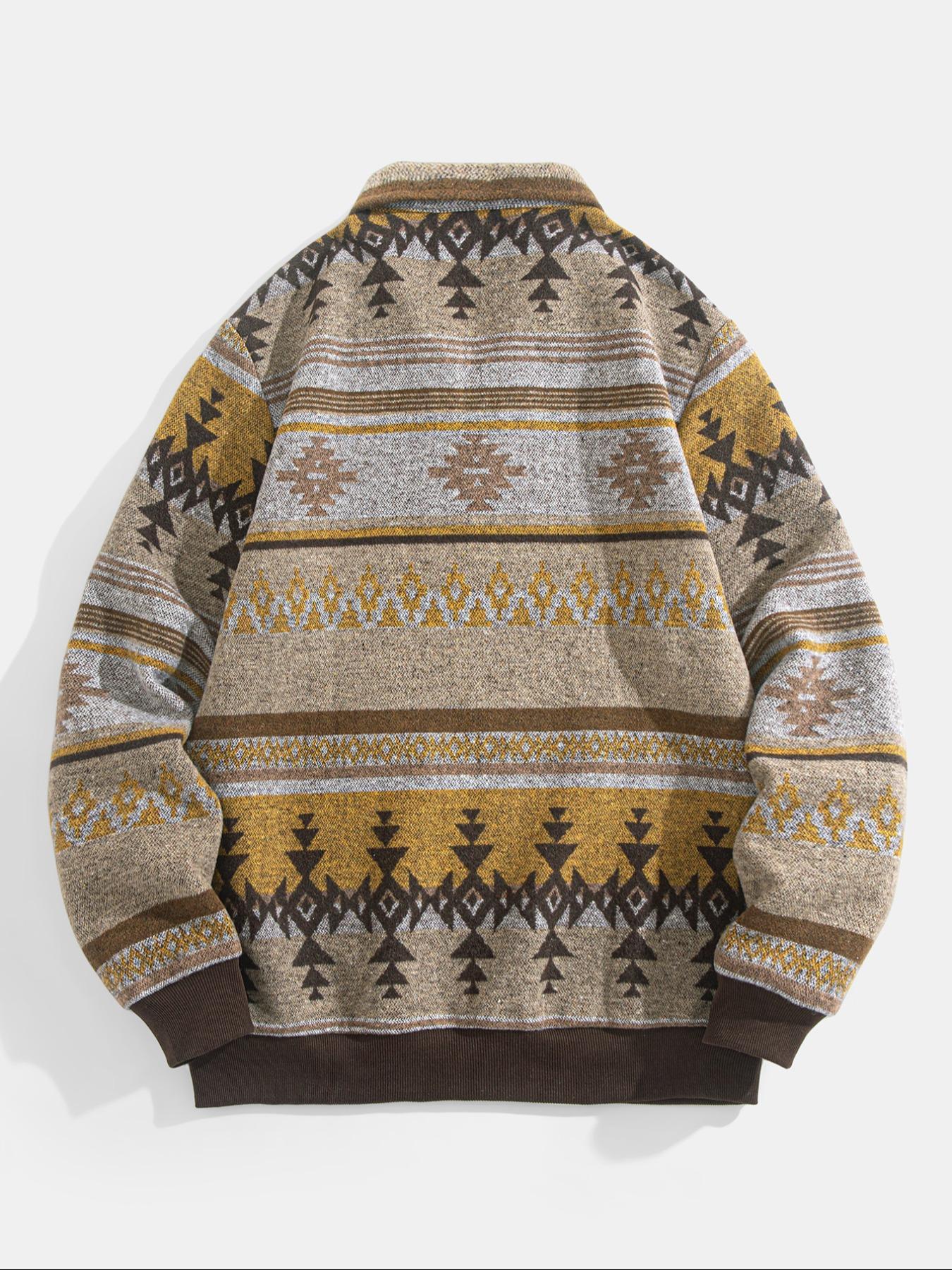 Men's Ethnic Pattern Half-Zip Mock Neck Jacket, Loose Casual Long Sleeve Zip Front Outerwear for Winter, Men's Winter Clothes for Daily Wear, Zippered Jacket