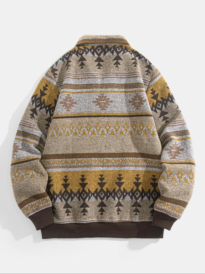 Men's Ethnic Pattern Half-Zip Mock Neck Jacket, Loose Casual Long Sleeve Zip Front Outerwear for Winter, Men's Winter Clothes for Daily Wear