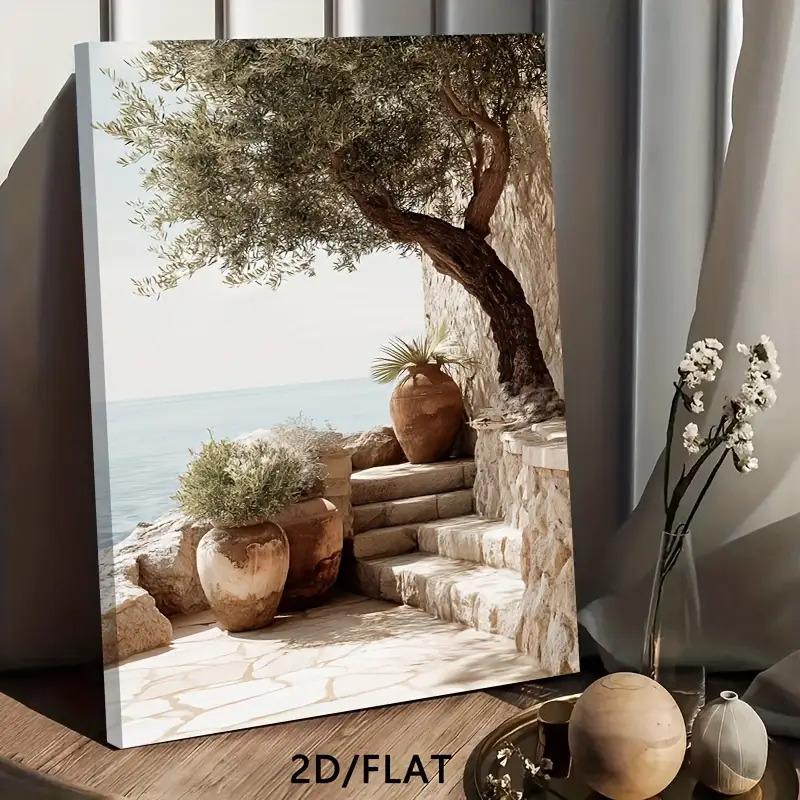 2D Flat Olive Tree Stone Steps Terracotta Pot Mediterranean Wall Art Print, Canvas Wrapped, Hook Type, Rustic Art Deco, Ideal for Living Room, Bedroom, Office, Dining Room, Coffee Shop, Holiday Gift, Outdoor Indoor, Modern Style, Solid Pattern